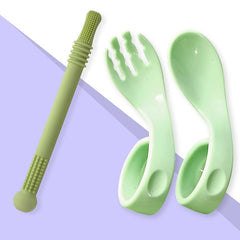 BPA Free Baby Feeding Essentials Baby Self Feeding Spoons Baby Teether (Curved Green)