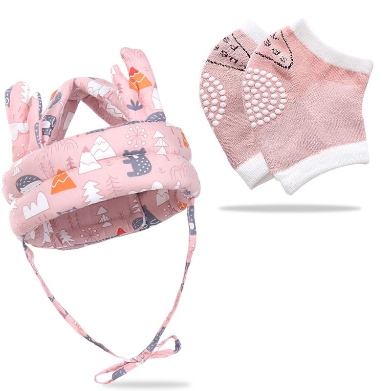 Baby Head Protector helmet and Baby Knee Pads for Crawling (Baby Pink)