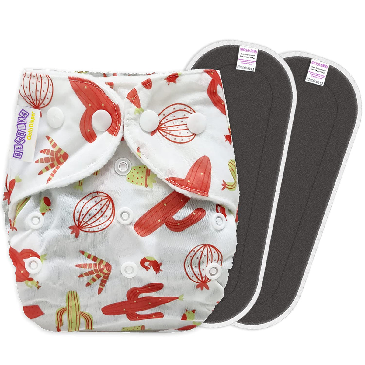 Reusable Baby Cloth Diaper with Adjustable Snap Buttons and Insert (1 Diaper & 2 Pcs Insert)