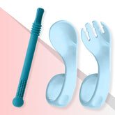 BPA Free Baby Feeding Essentials Baby Self Feeding Spoons Baby Teether (Curved Blue)