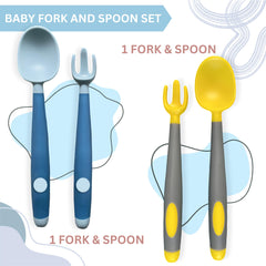 Baby Spoon and fork Set for Baby Feeding (Bendable Yellow Grey)