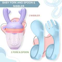 BPA Free Baby Feeding Spoon & Fruit Nibbler Set (Curved Blue)