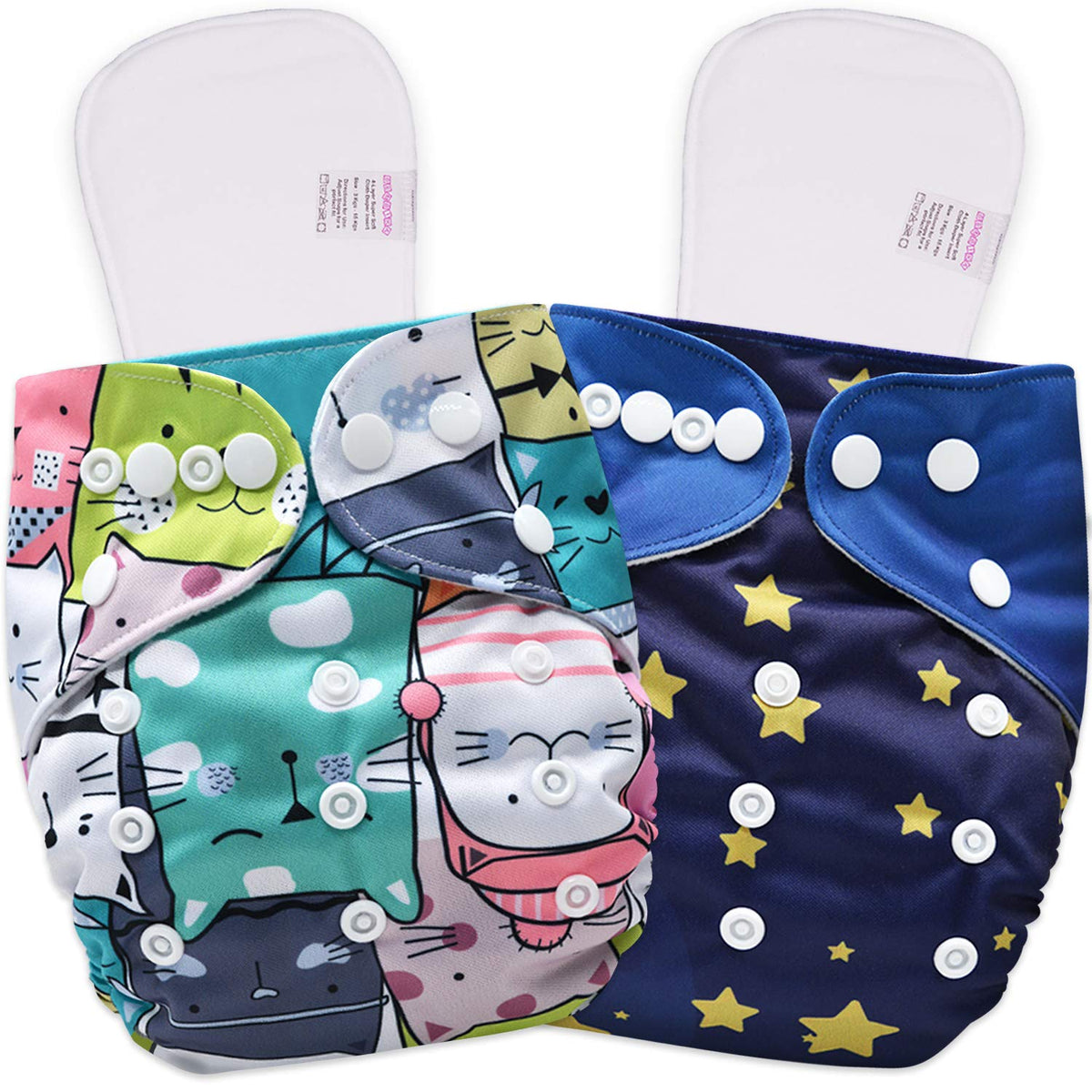 Reusable Baby Cloth Diaper with Adjustable Snap Buttons and Inserts (Set of 2)