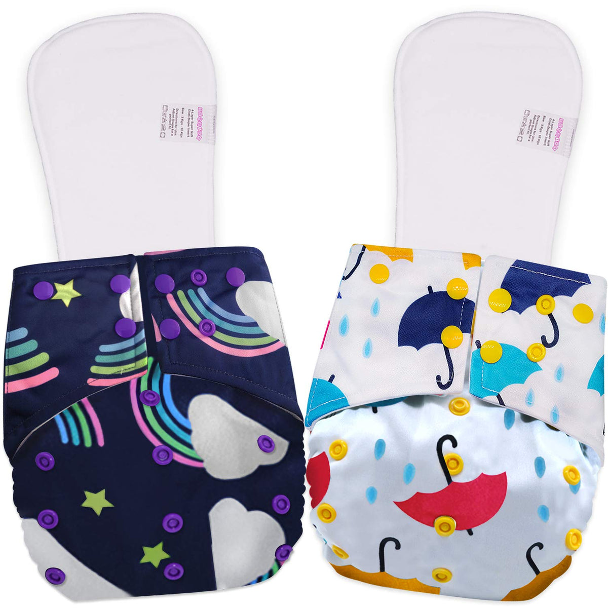 Reusable Baby Cloth Diaper with Adjustable Snap Buttons and Inserts (Set of 2)