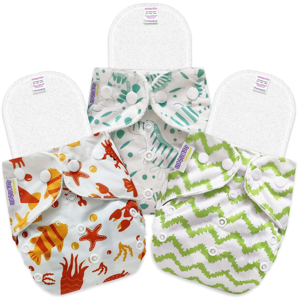 Reusable Baby Cloth Diaper with Adjustable Snap Buttons and Inserts (Set of 3)