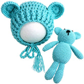 Lovely Chunky Crochet Bonnet and Bear Photography Photoshoot Props (Skyblue)
