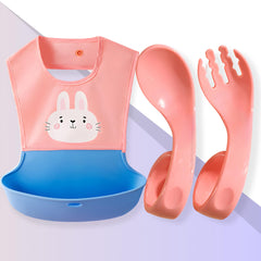 Baby Feeding Adjustable Bibs With BPA Free Baby Feeding Spoon (Curved Coral)