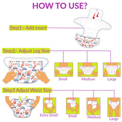 Reusable Baby Cloth Diaper with Adjustable Snap Buttons and Insert (1 Diaper & 2 Pcs Insert)