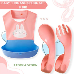 Baby Feeding Adjustable Bibs With BPA Free Baby Feeding Spoon (Curved Coral)