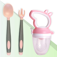 BPA Free Baby Feeding Spoon & Fruit Nibbler Set (Bendable Grip Pink Grey)