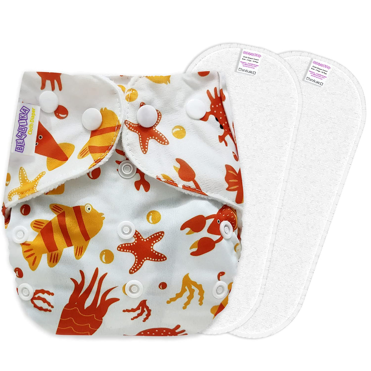 Reusable Baby Cloth Diaper with Adjustable Snap Buttons and Insert (1 Diaper & 2 Pcs Insert)