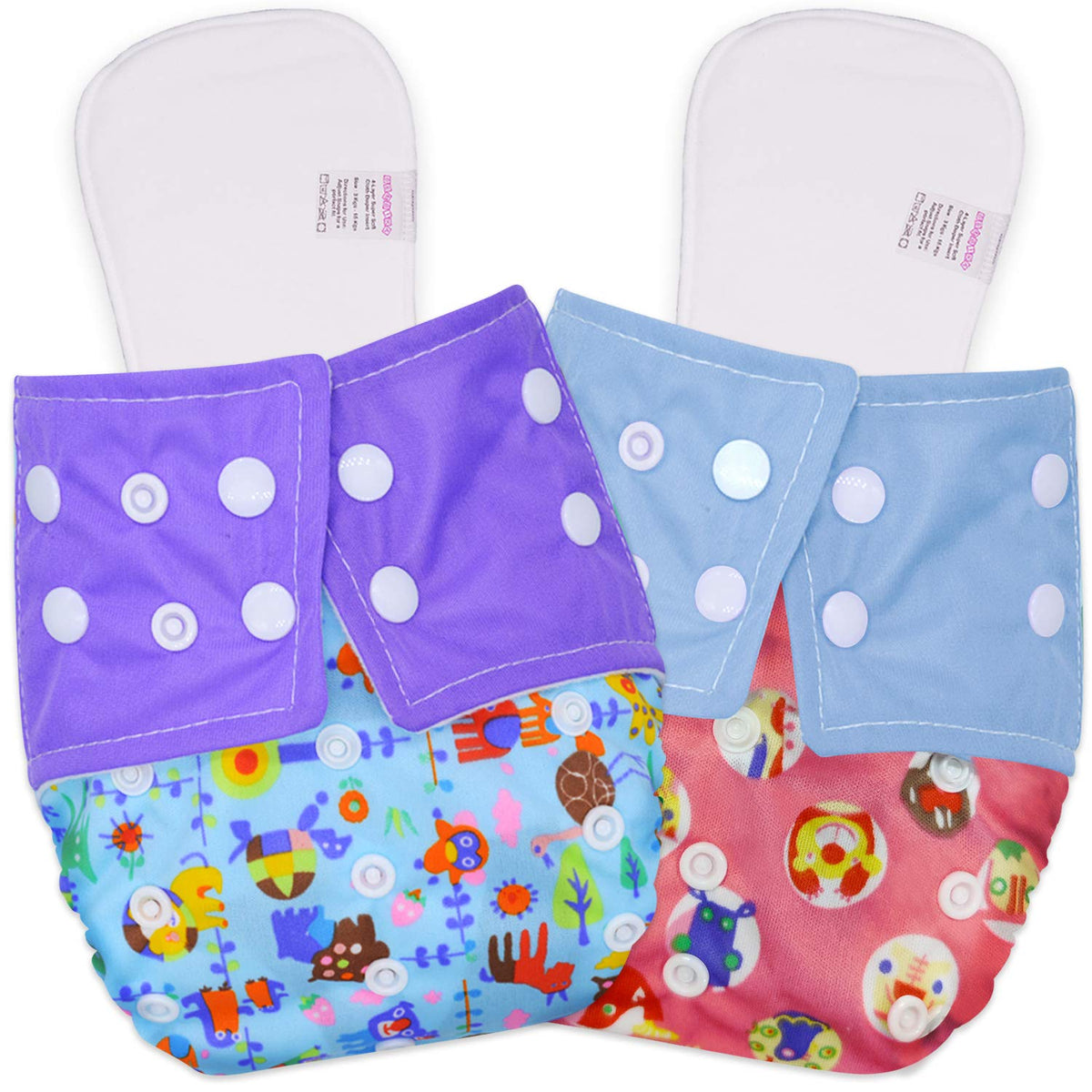 Reusable Baby Cloth Diaper with Adjustable Snap Buttons and Inserts (Set of 2)