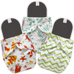 Reusable Baby Cloth Diaper with Adjustable Snap Buttons and Inserts (Set of 3)