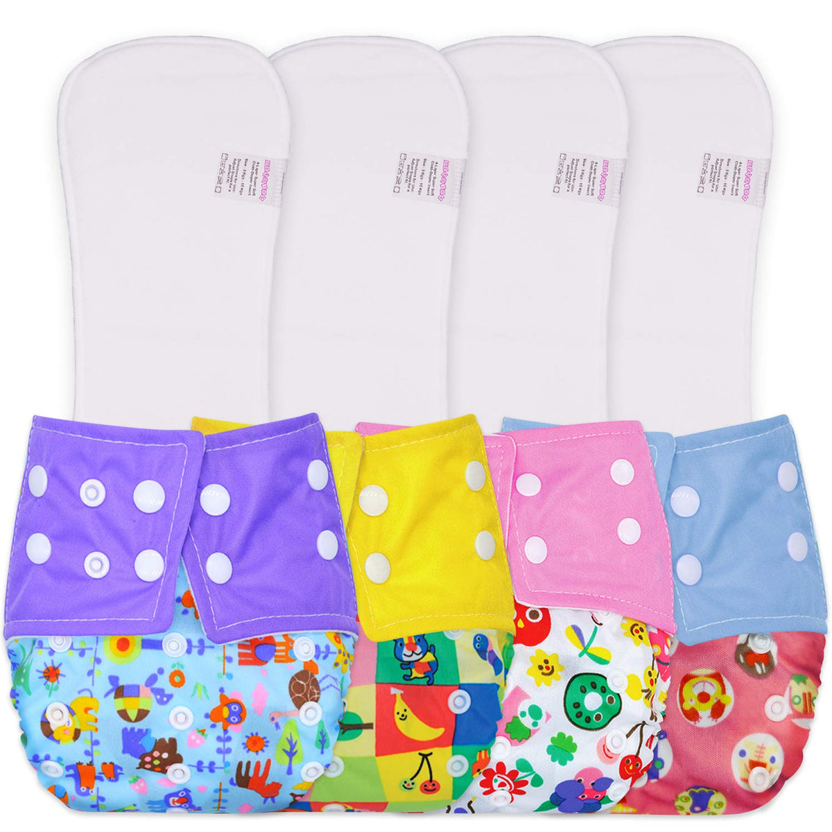 Reusable Baby Cloth Diaper with Adjustable Snap Buttons and Inserts (Set of 4)