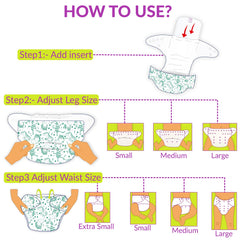 Reusable Baby Cloth Diaper with Adjustable Snap Buttons and Inserts (Set of 3)