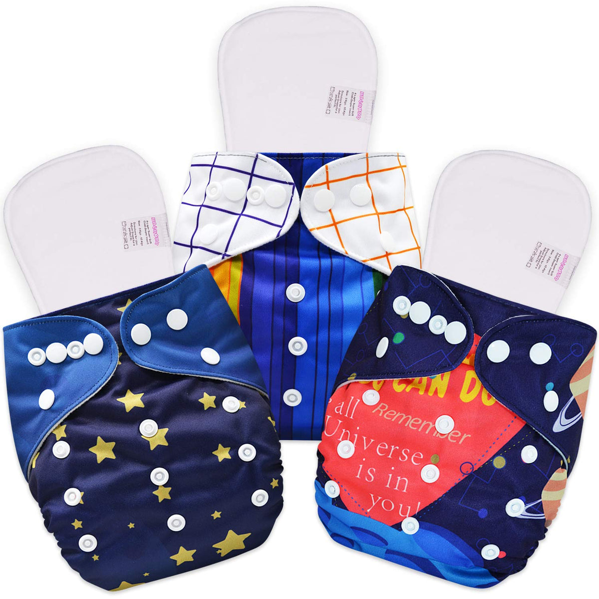 Reusable Baby Cloth Diaper with Adjustable Snap Buttons and Inserts (Set of 3)