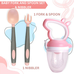 BPA Free Baby Feeding Spoon & Fruit Nibbler Set (Bendable Grip Pink Grey)