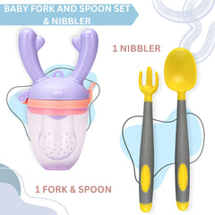 BPA Free Baby Feeding Spoon & Fruit Nibbler Set (Bendable Yellow Grey)