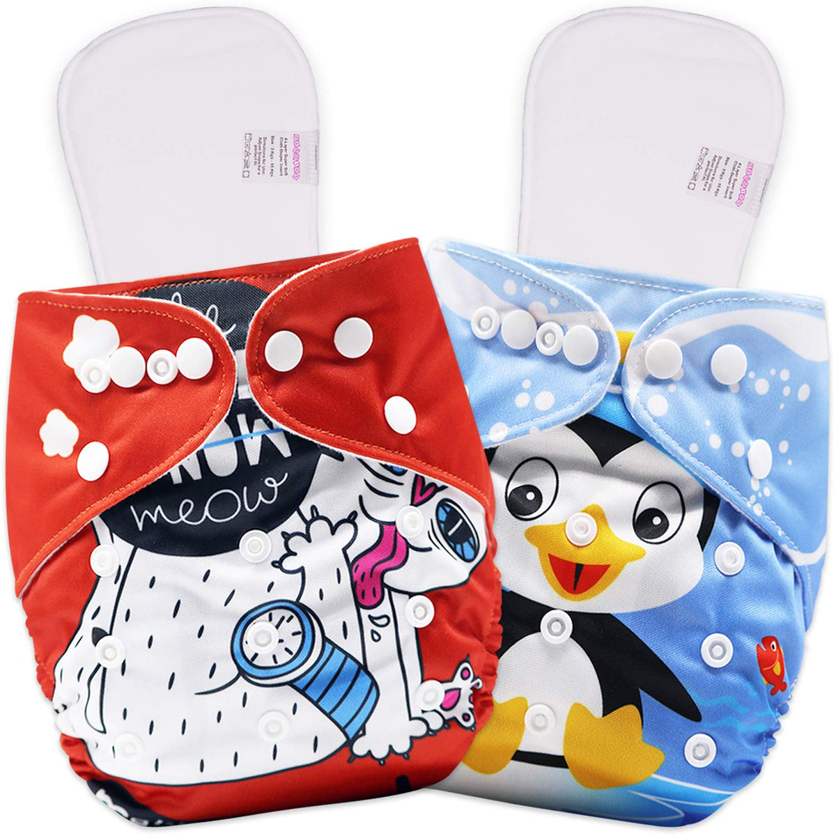 Reusable Baby Cloth Diaper with Adjustable Snap Buttons and Inserts (Set of 2)