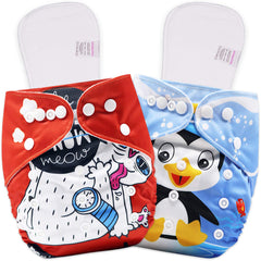 Reusable Baby Cloth Diaper with Adjustable Snap Buttons and Inserts (Set of 2)