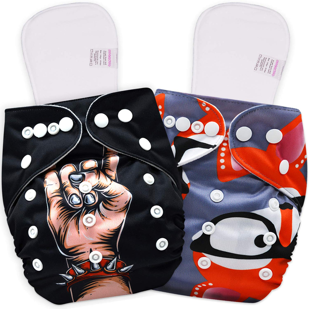 Reusable Baby Cloth Diaper with Adjustable Snap Buttons and Inserts (Set of 2)