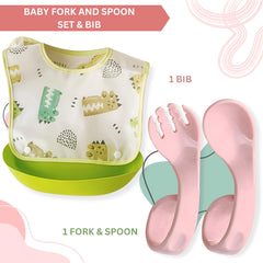 Baby Feeding Adjustable Bibs With BPA Free Baby Feeding Spoon (Green & Pink)