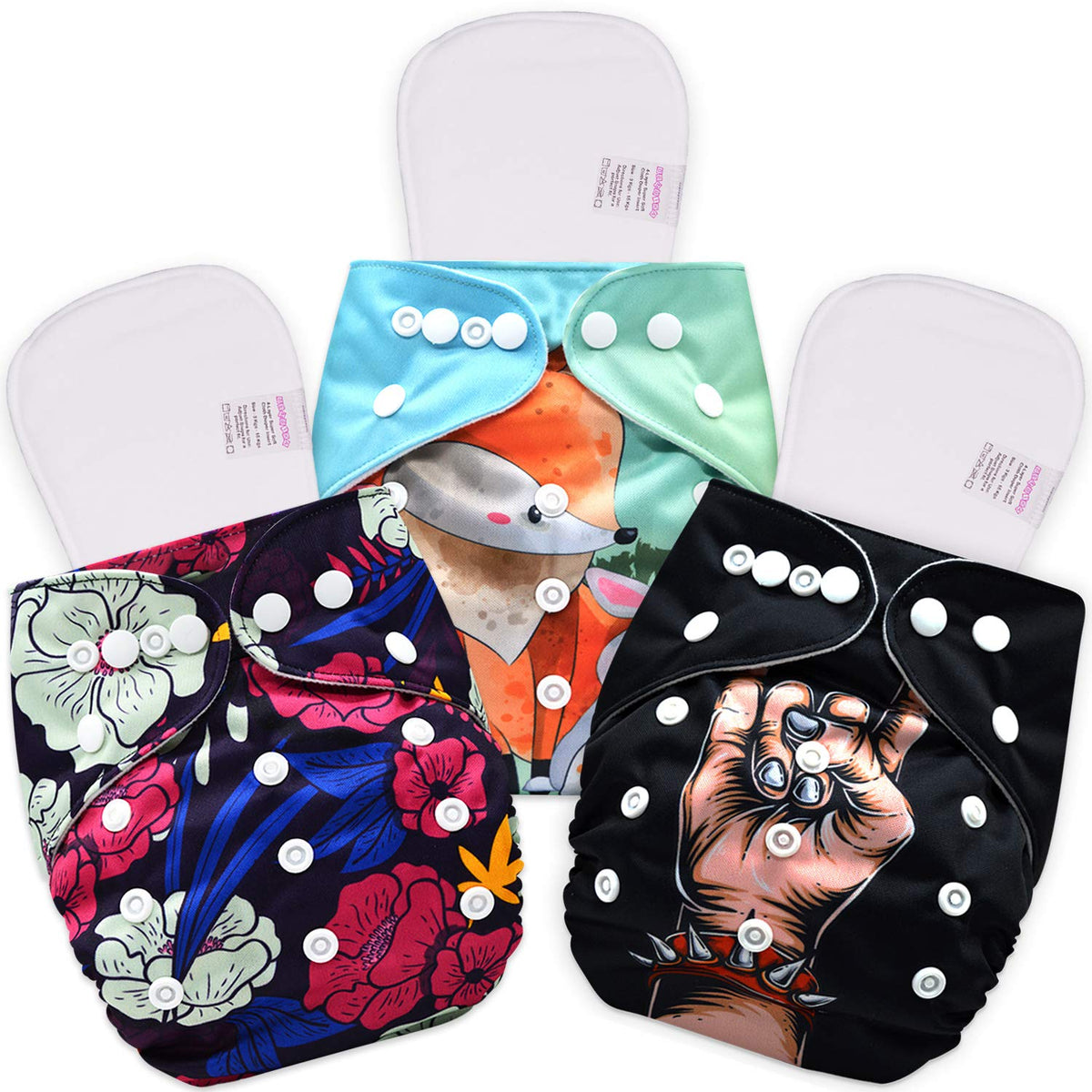 Reusable Baby Cloth Diaper with Adjustable Snap Buttons and Inserts (Set of 3)