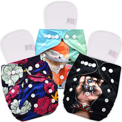 Reusable Baby Cloth Diaper with Adjustable Snap Buttons and Inserts (Set of 3)