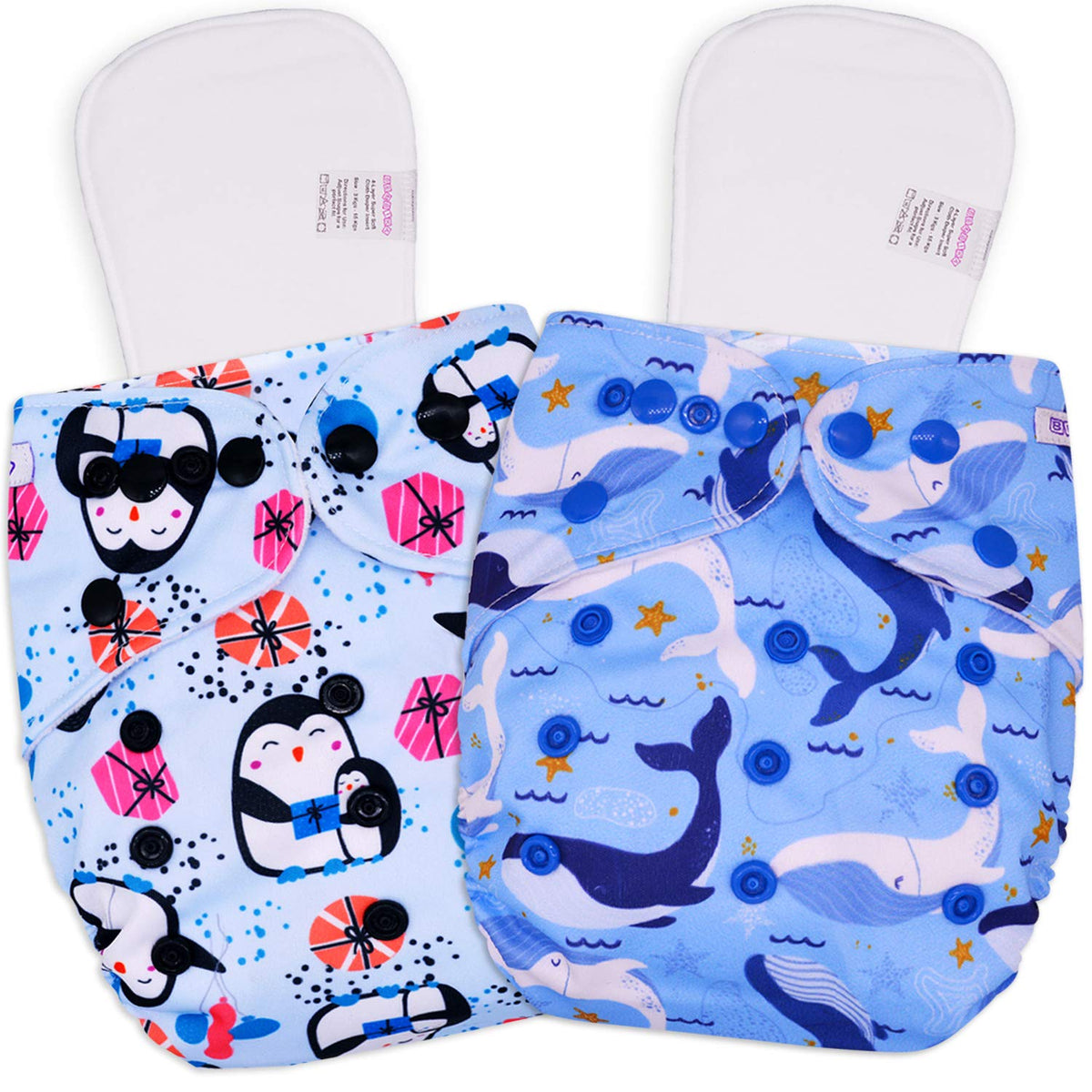 Reusable Baby Cloth Diaper with Adjustable Snap Buttons and Inserts (Set of 2)