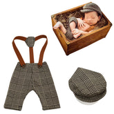 Baby's Checks Suspenders Pants Hat Gentleman Photoshoot Props (Brown)