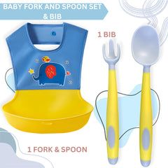 Baby Feeding Adjustable Bibs With BPA Free Baby Feeding Spoon (Yellow Doodle)