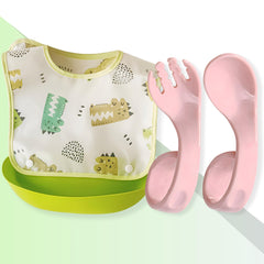 Baby Feeding Adjustable Bibs With BPA Free Baby Feeding Spoon (Green & Pink)