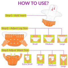 Reusable Baby Cloth Diaper with Adjustable Snap Buttons and Insert (1 Diaper & 2 Pcs Insert)