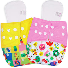 Reusable Baby Cloth Diaper with Adjustable Snap Buttons and Inserts (Set of 2)