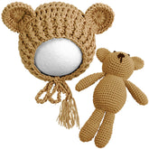Lovely Chunky Crochet Bonnet and Bear Photography Photoshoot Props (Brown)