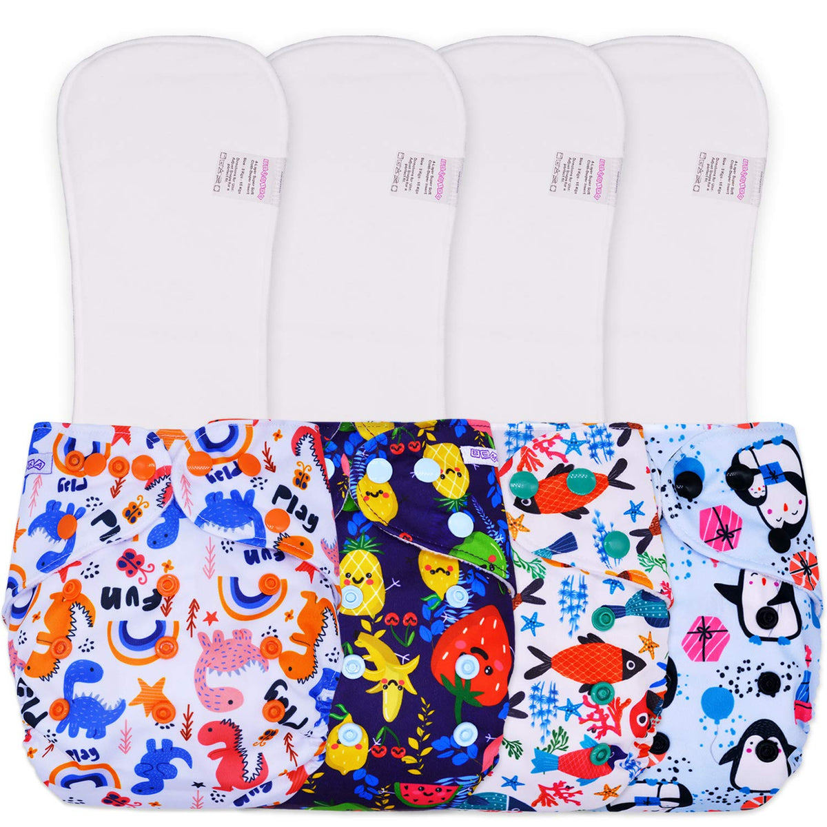 Reusable Baby Cloth Diaper with Adjustable Snap Buttons and Inserts (Set of 4)