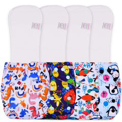 Reusable Baby Cloth Diaper with Adjustable Snap Buttons and Inserts (Set of 4)