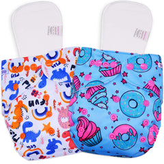 Reusable Baby Cloth Diaper with Adjustable Snap Buttons and Inserts (Set of 2)