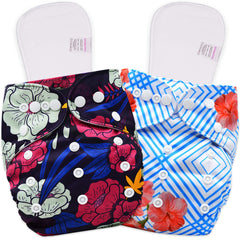 Reusable Baby Cloth Diaper with Adjustable Snap Buttons and Inserts (Set of 2)