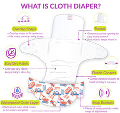 Reusable Baby Cloth Diaper with Adjustable Snap Buttons and Insert (1 Diaper & 2 Pcs Insert)