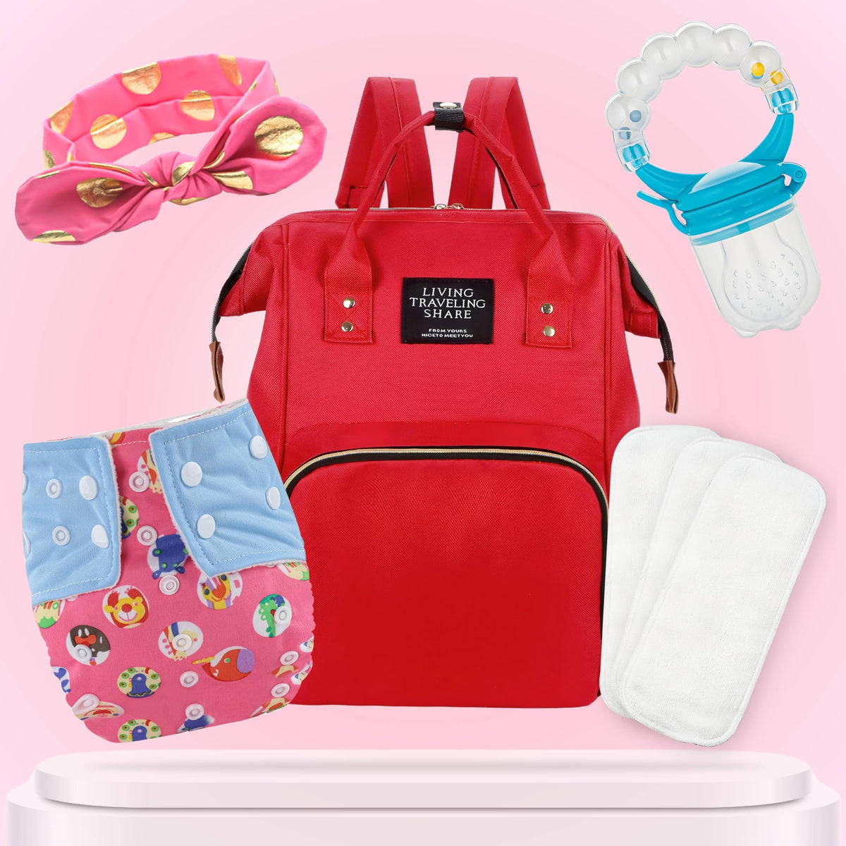 Baby Care Accessories Cloth Diaper, Inserts, Diaper Bag, Headbands, Nibbler (Set of 5)