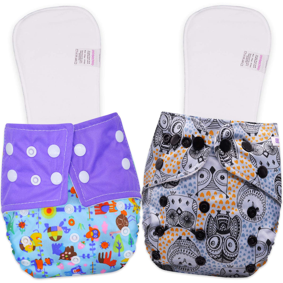 Reusable Baby Cloth Diaper with Adjustable Snap Buttons and Inserts (Set of 2)
