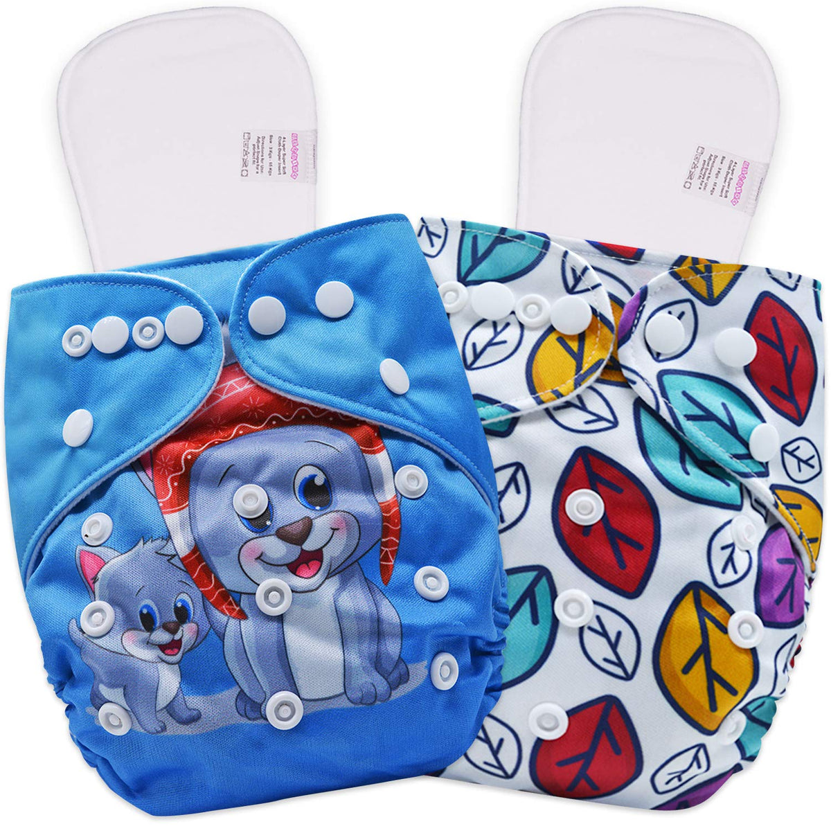 Reusable Baby Cloth Diaper with Adjustable Snap Buttons and Inserts (Set of 2)