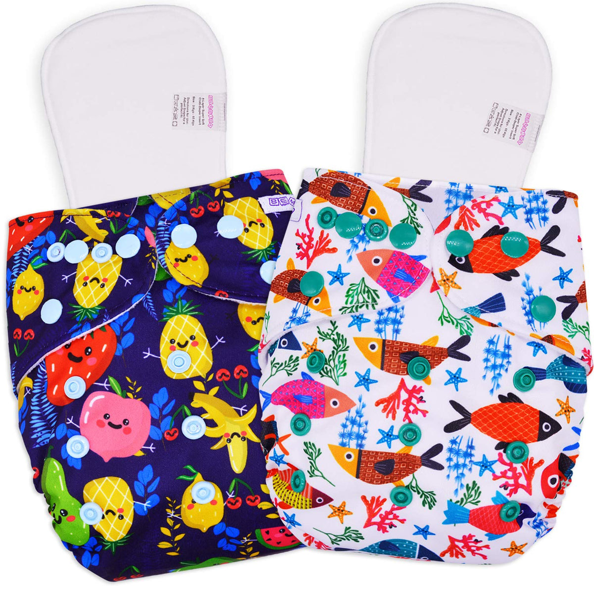 Reusable Baby Cloth Diaper with Adjustable Snap Buttons and Inserts (Set of 2)