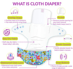 Reusable Baby Cloth Diaper with Adjustable Snap Buttons and Inserts (Set of 4)