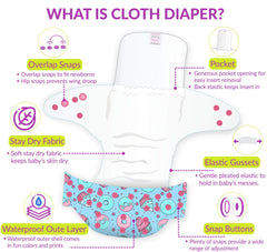 Reusable Baby Cloth Diaper with Adjustable Snap Buttons and Inserts (Set of 3)