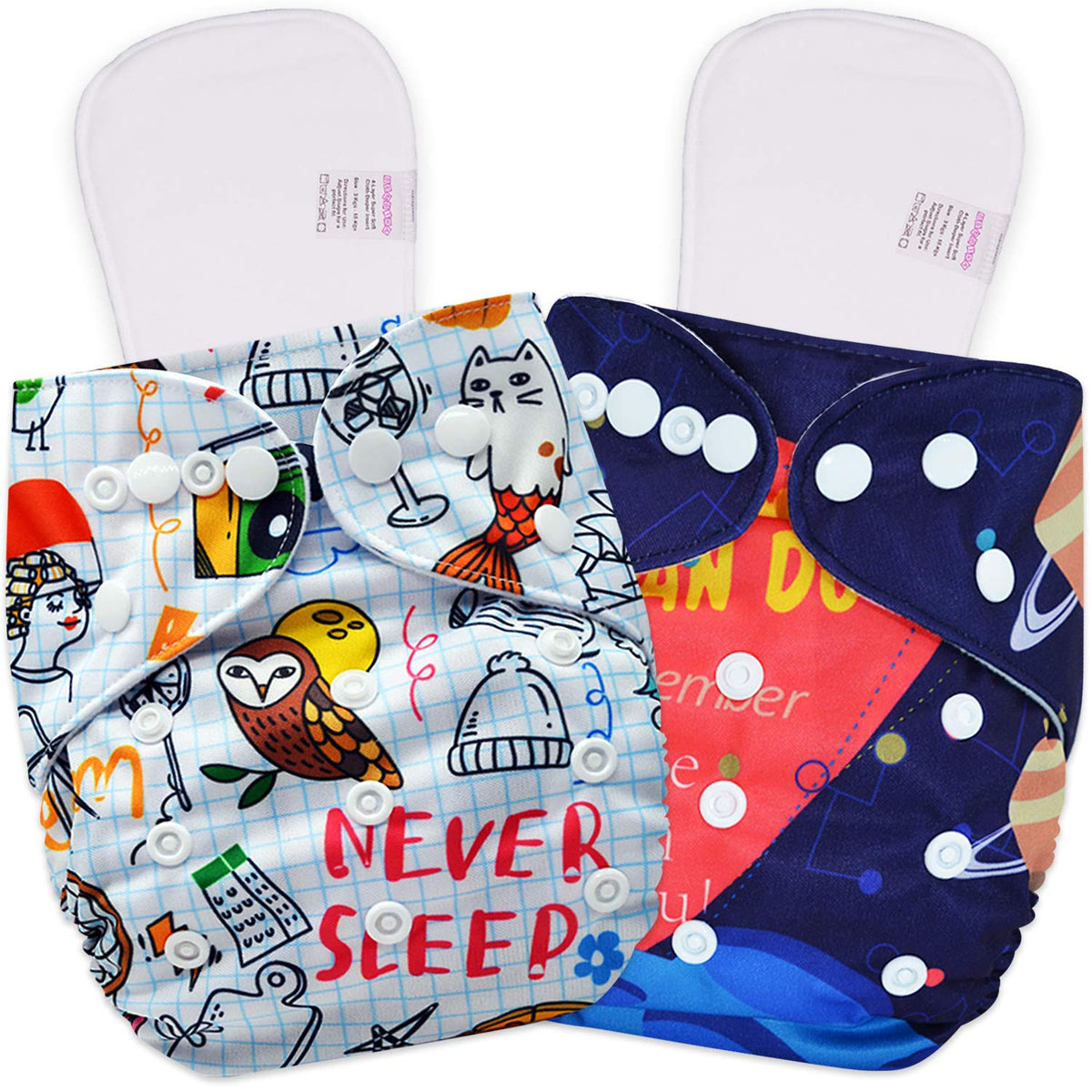 Reusable Baby Cloth Diaper with Adjustable Snap Buttons and Inserts (Set of 2)