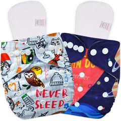 Reusable Baby Cloth Diaper with Adjustable Snap Buttons and Inserts (Set of 2)