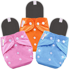 Reusable Baby Cloth Diaper with Adjustable Snap Buttons and Inserts (Set of 3)