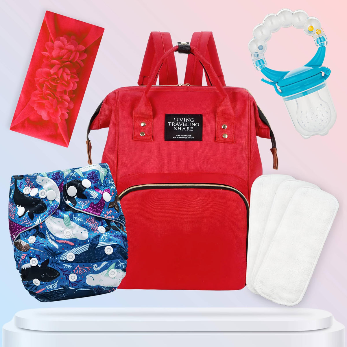 Baby Care Accessories Cloth Diaper, Inserts, Diaper Bag, Headbands, Nibbler (Set of 5)